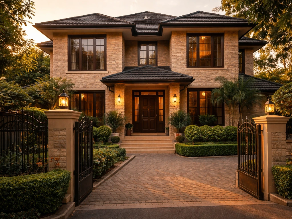 Luxury Kenyan home exterior with gated driveway and veranda in warm golden-hour light.