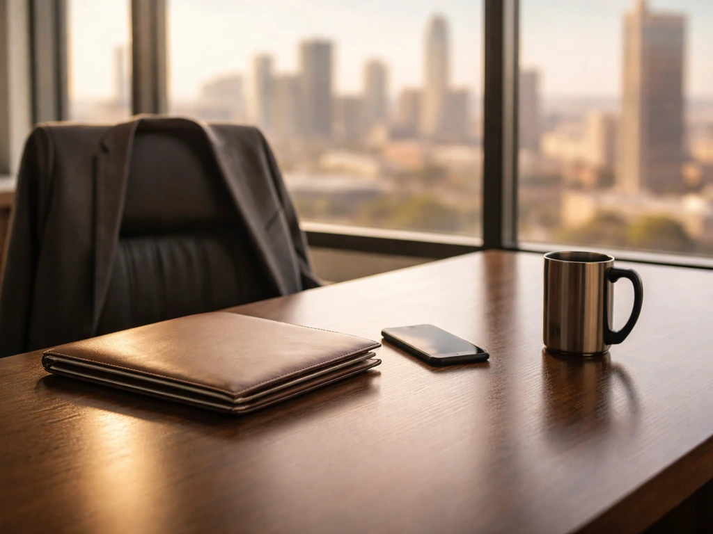 Modern office desk with suit and finance cues, city skyline in soft focus, no person shown.