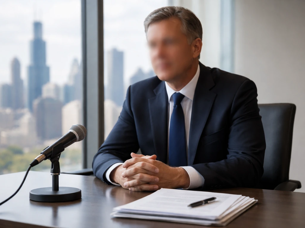 Anonymous business executive at a Chicago office desk with a microphone and city skyline backdrop.