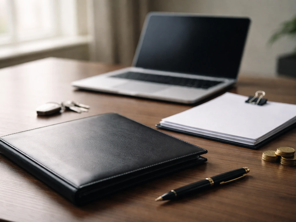 Minimal desk scene showing a laptop, a company folder, and money-symbol accessories to suggest wealth sources