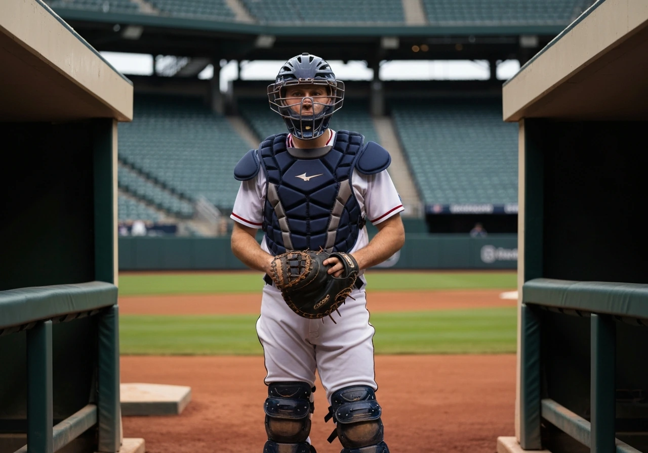 Anonymous catcher in full gear at a baseball stadium, dugout entrance, mitt held at waist height.