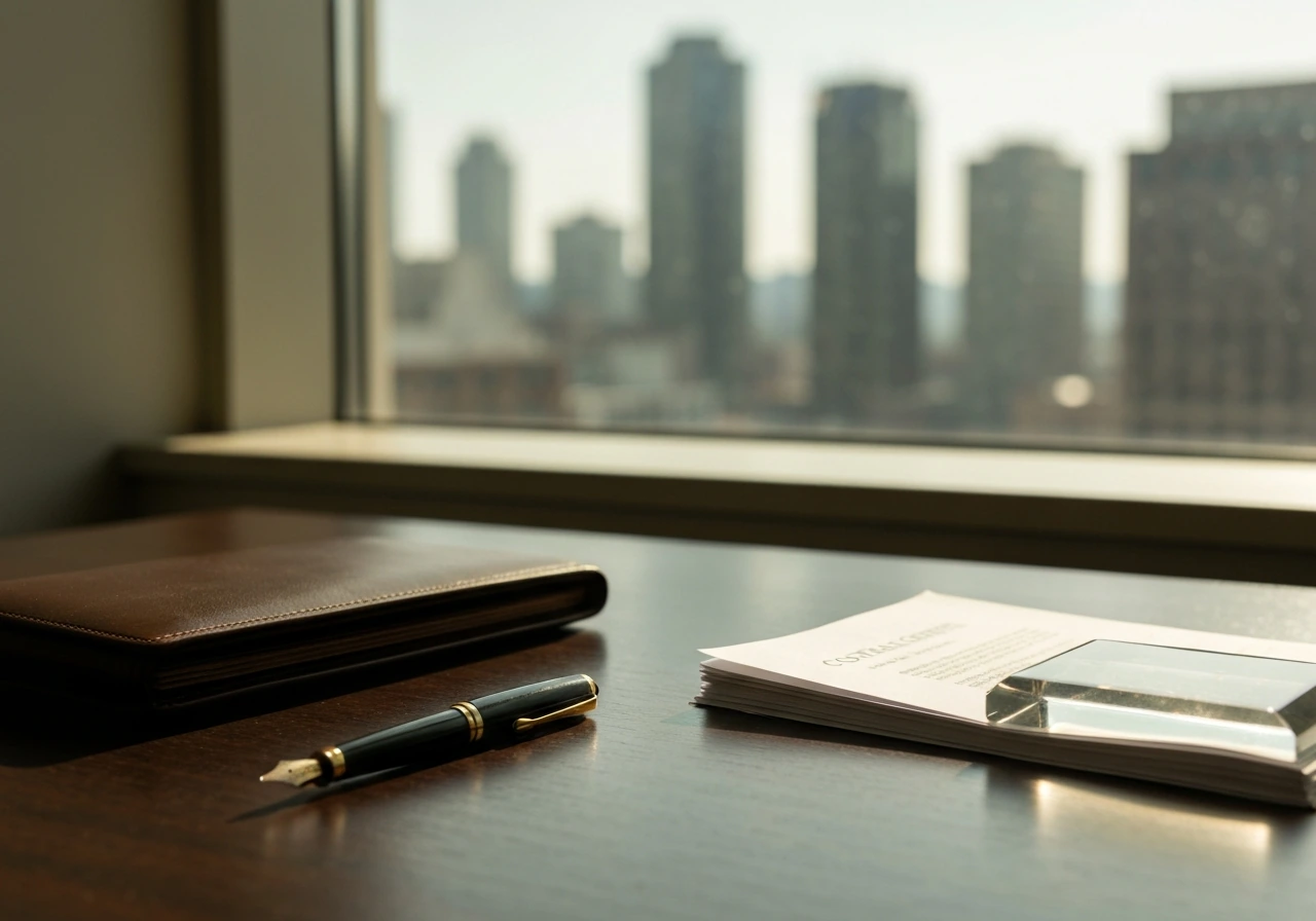 Minimal desk scene with pen and contract papers, glass paperweight, and blurred city skyline.