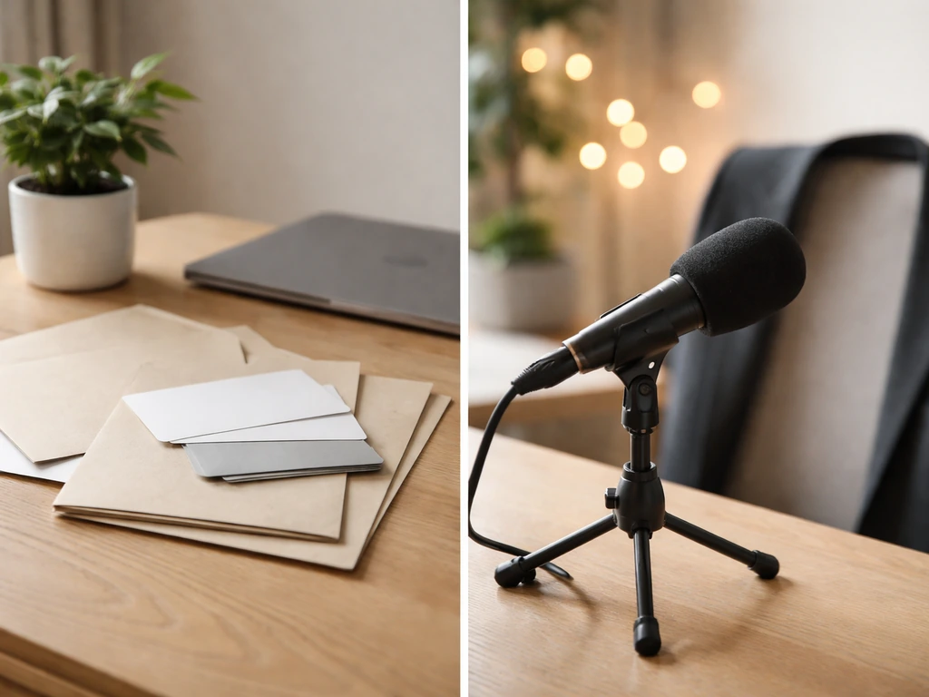 Minimal desk with generic investment cards on one side and a microphone and blazer on the other, no text