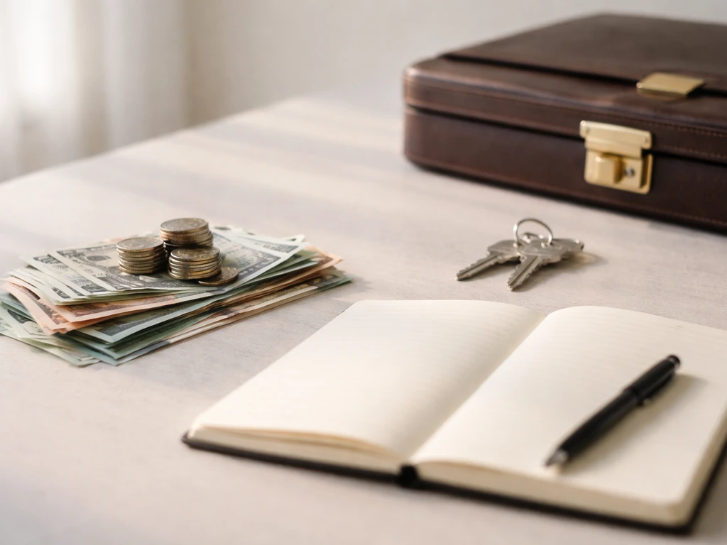 Minimal desk scene symbolizing shifting net worth estimates with money, a ledger-style notebook, and shadowy ownership c