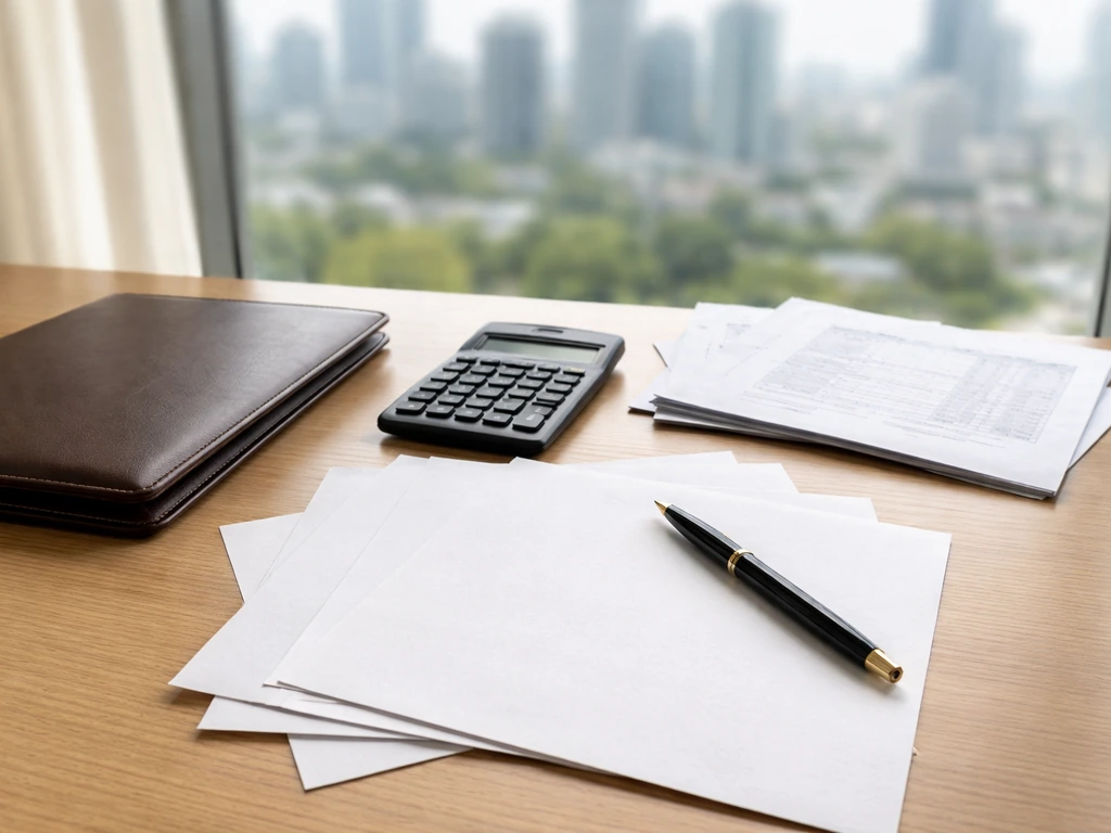 Minimal desk scene with calculator, pen, and neatly arranged documents suggesting estimated business wealth valuation.