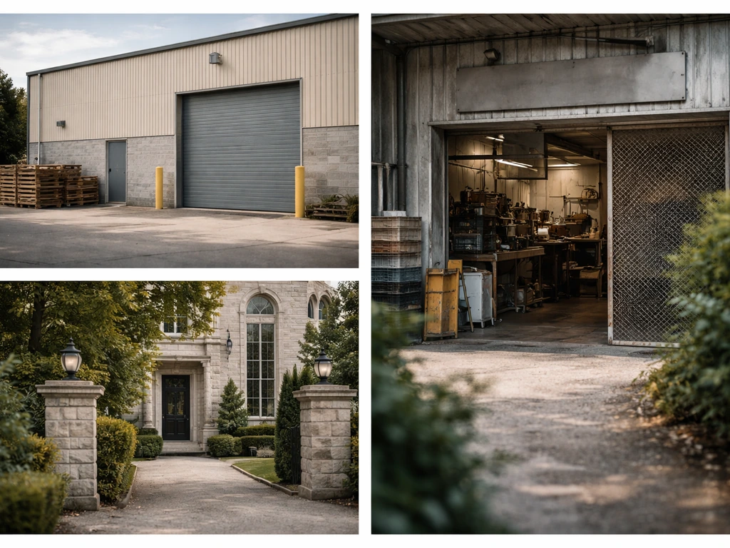 Minimal collage of a factory exterior, workshop facade, and upscale property detail suggesting asset clues.