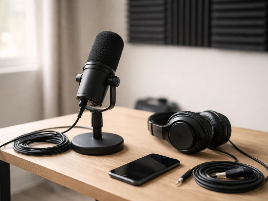 Minimal music studio desk with microphone and headphones, symbolizing media identity clarification.