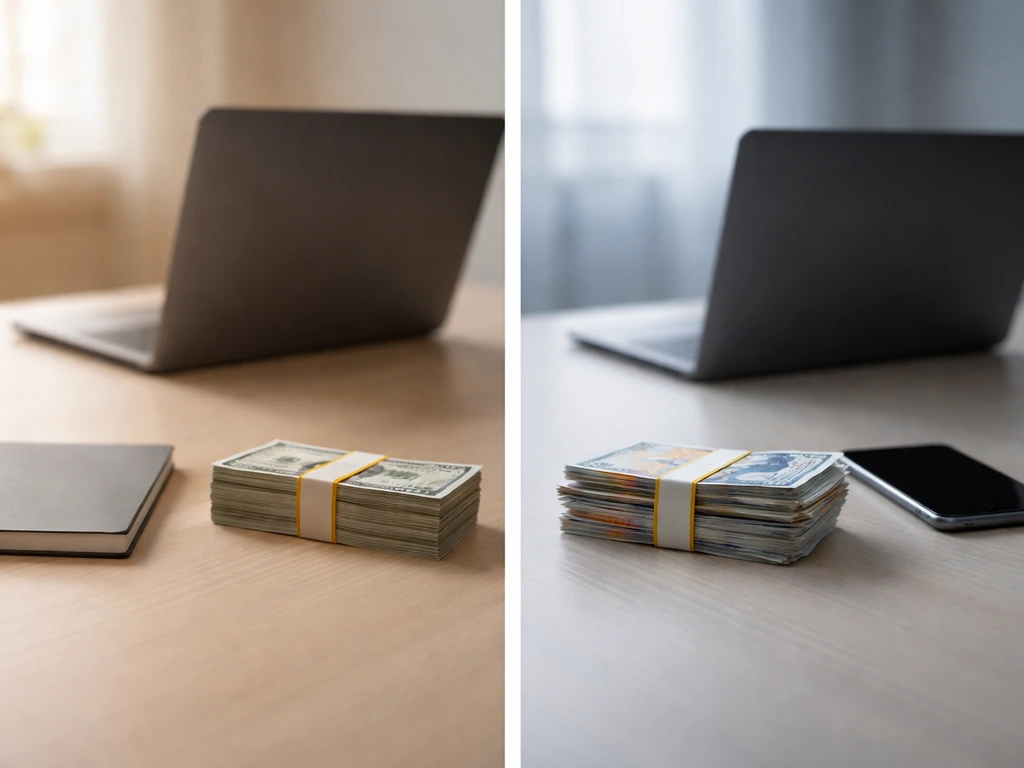 Minimal desk scene with currency stacks and two laptops split into contrasting tones.