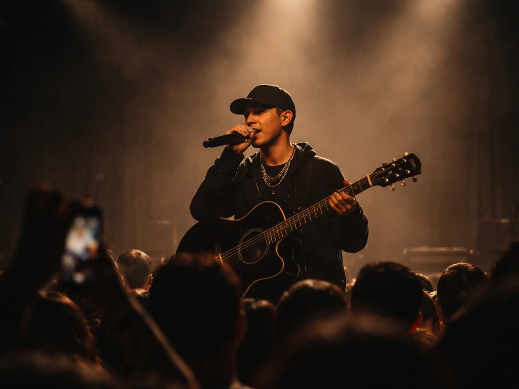 Performer singing on stage with warm lights and an out-of-focus crowd in the background.