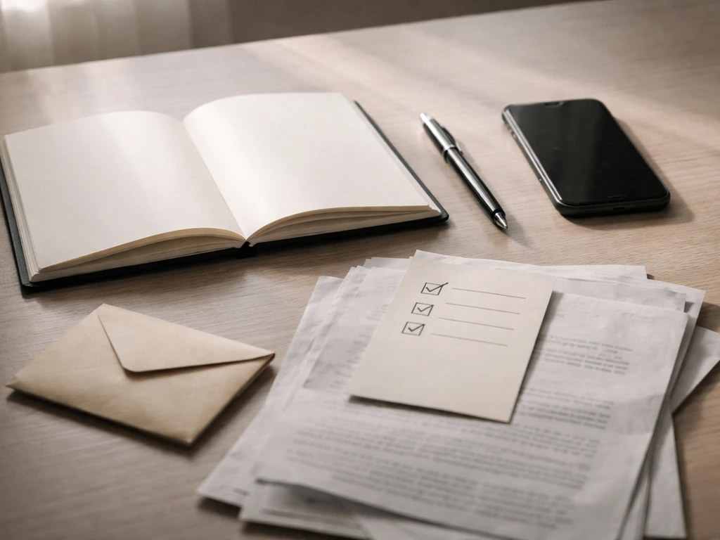 Minimal desk scene with documents, a blank notebook page, and a textless checklist card.