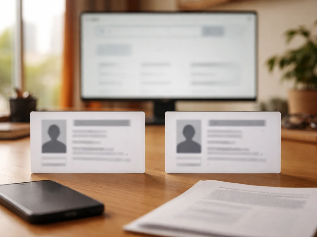 Split-screen desk scene with blurred identity-card placeholders and a laptop, symbolizing name disambiguation for net wo