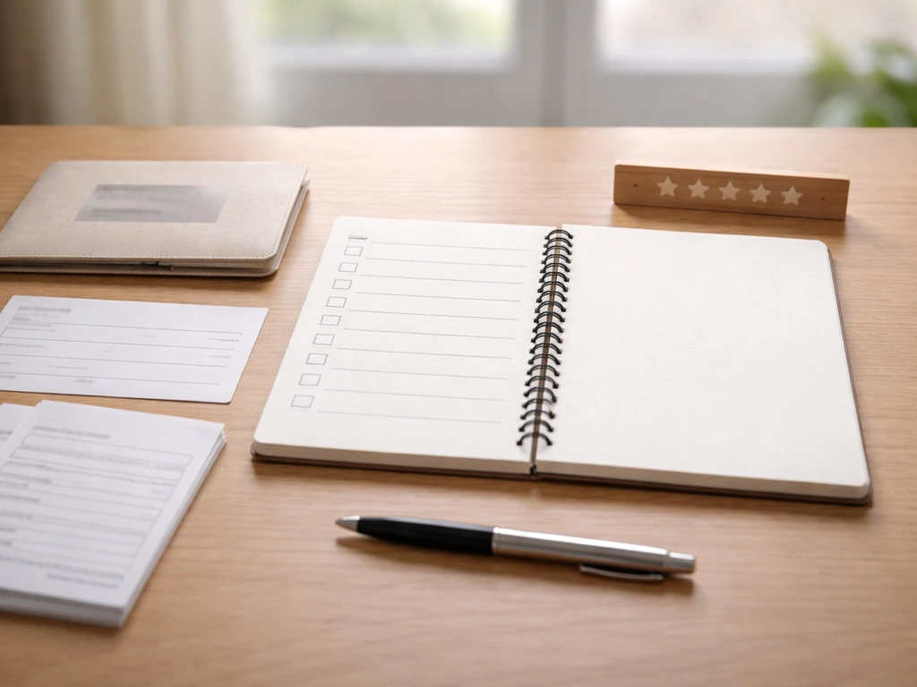 Minimal desk workflow with a blank checklist, covered identity documents, and a credibility bar card.