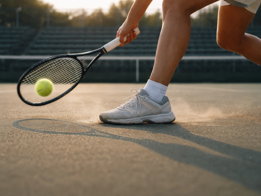Anonymous tennis player in action on a hard court with a blurred ball and empty background stands.