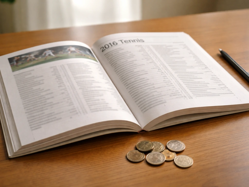 Open tennis media guide book on a desk with a pen and neatly placed coins, symbolizing ATP prize money.