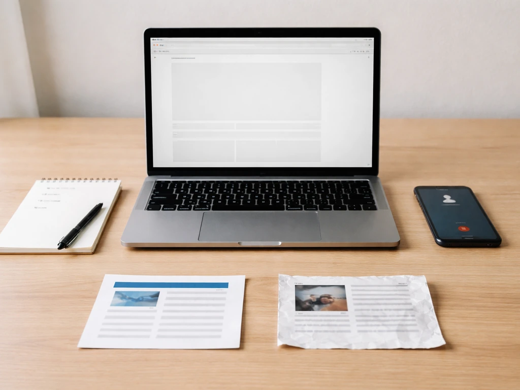 Minimal desk with laptop and phone showing blank pages, plus clean vs messy paper cards for source reliability.