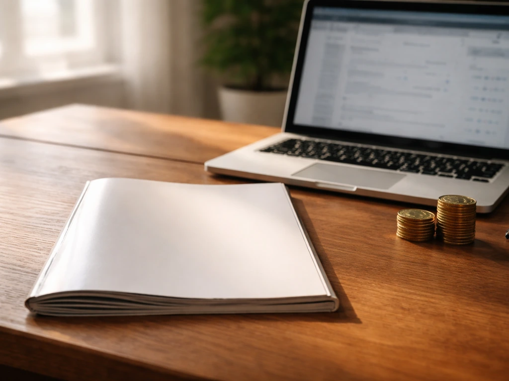 Close-up of a magazine and laptop on a desk with gold-toned coins, symbolizing a wealth estimate.