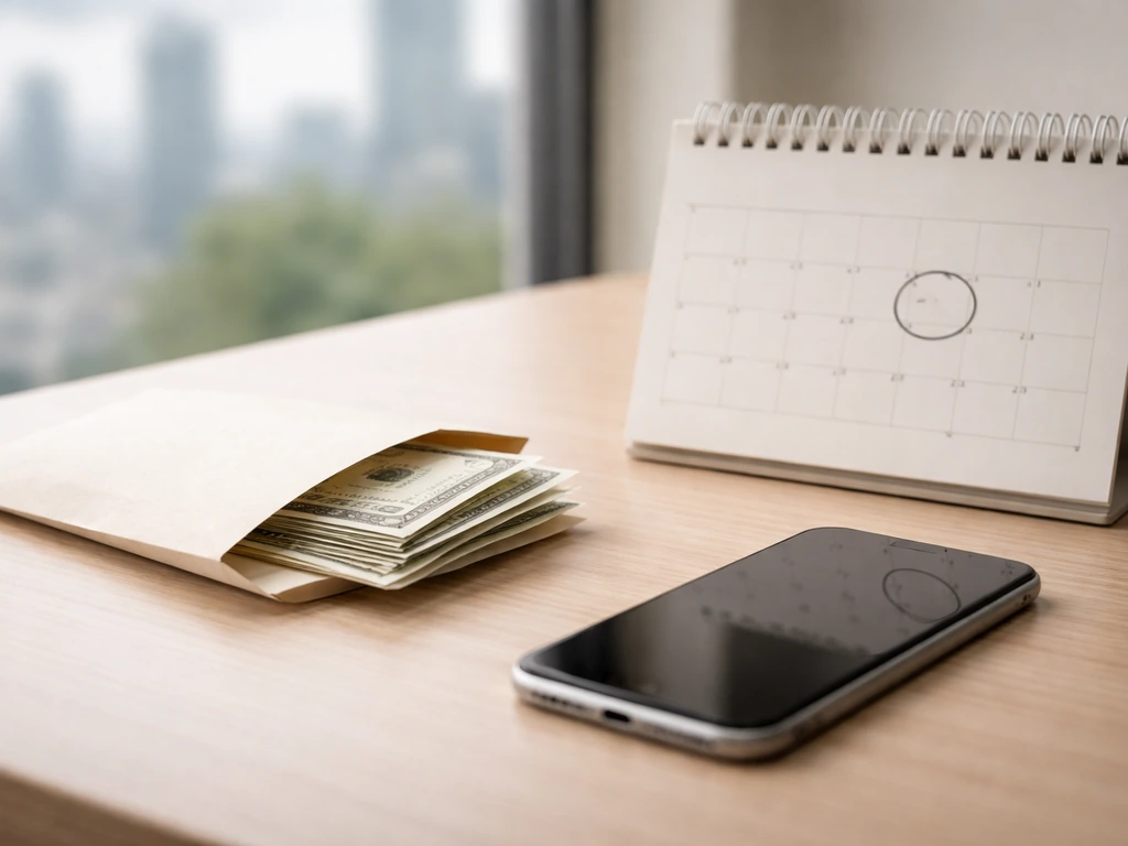 Minimal photo of a money envelope and a desk calendar, symbolizing changing valuation estimates over time.