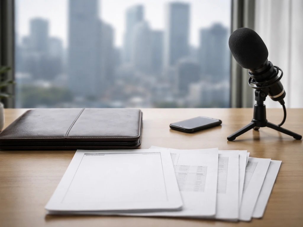 Minimal private equity workspace with documents, memo, portfolio folder, and a microphone on a desk.