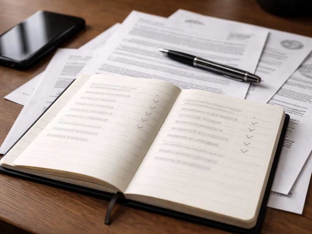 Close-up of an open notebook with printed documents, highlighting matching identifiers with checkmarks