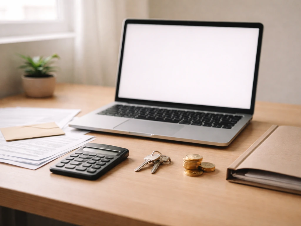 Desk with laptop, calculator, coins and paperwork symbolizing asset and liability net worth estimates.