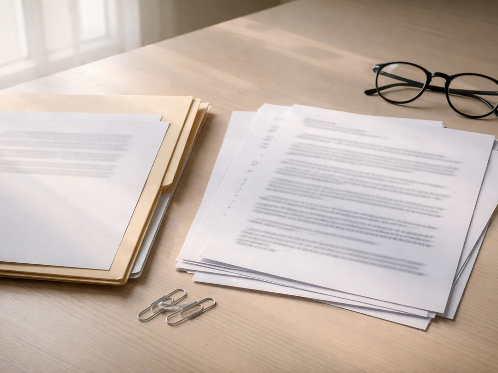 Documents resembling regulator filings on a desk with blurred sensitive text, no readable markings.