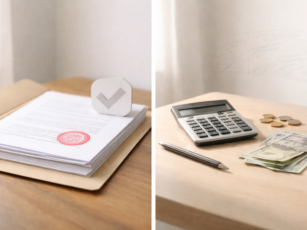 Split scene showing verified documents and estimated money calculations side by side, minimal and symbolic.