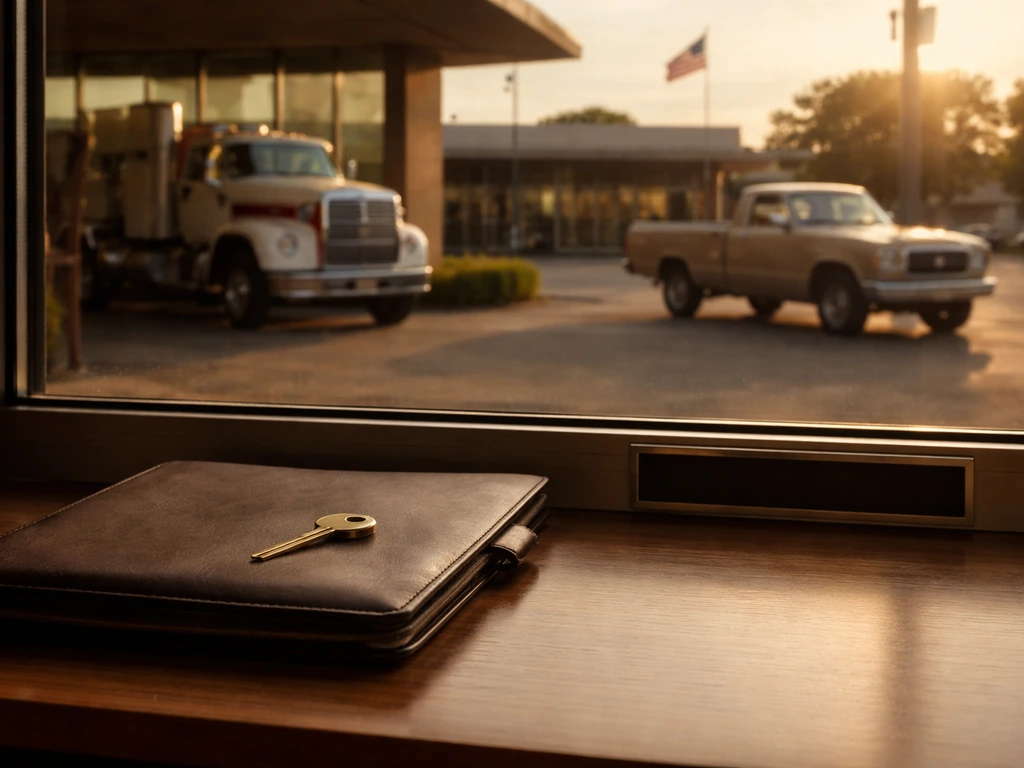 Quiet Texas truck dealership office view with work trucks and symbolic ownership-era desk items.