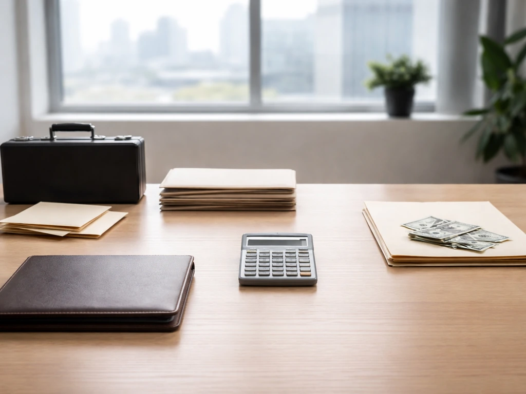 Minimal desk scene with assets-like items and debts-like papers separated, symbolizing net worth calculation.