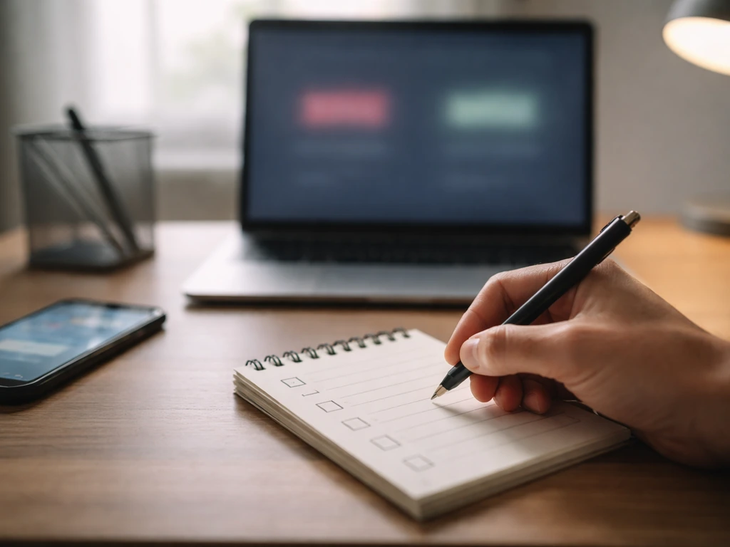 Minimal desk scene with two open tabs and a checklist notebook suggesting conflicting net worth estimates