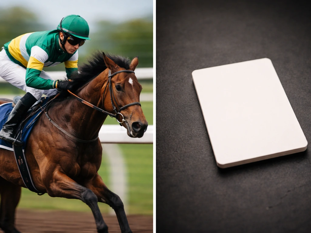 Jockey mid-race on left and a blank placeholder card on right to suggest two similar names