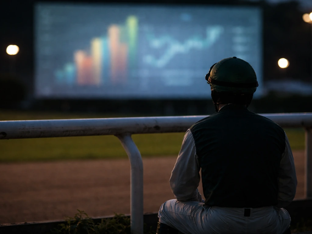 Jockey-themed silhouette by a track rail with a blurred finance-style data panel backdrop.
