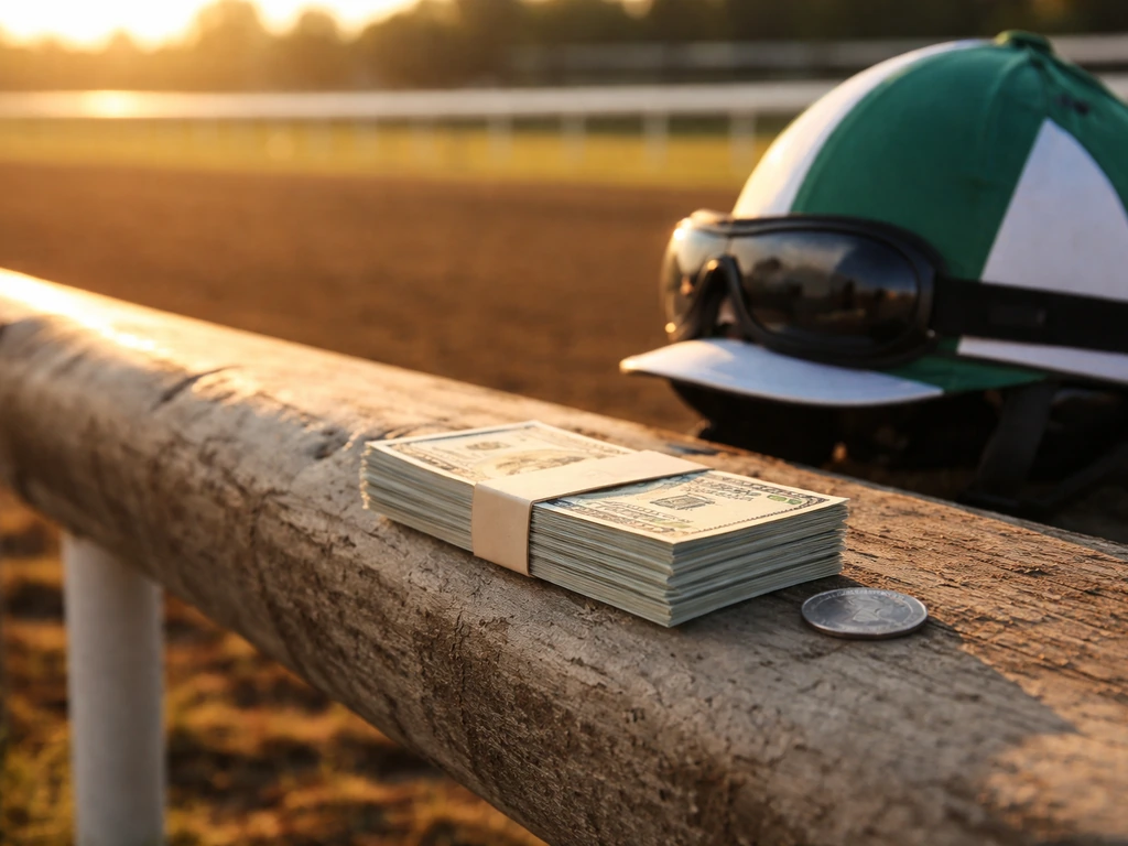 Close-up of money on a racetrack rail with a jockey helmet nearby, no people visible.