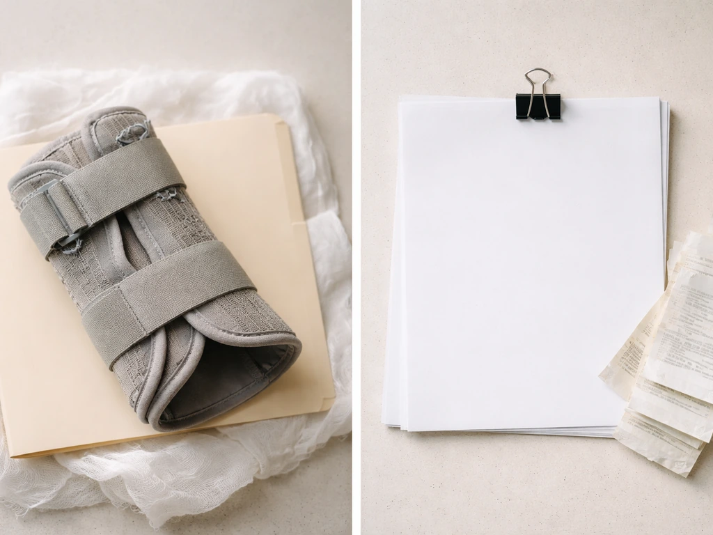 Medical brace and healthcare paperwork beside a simple tax document icon concept, no text.