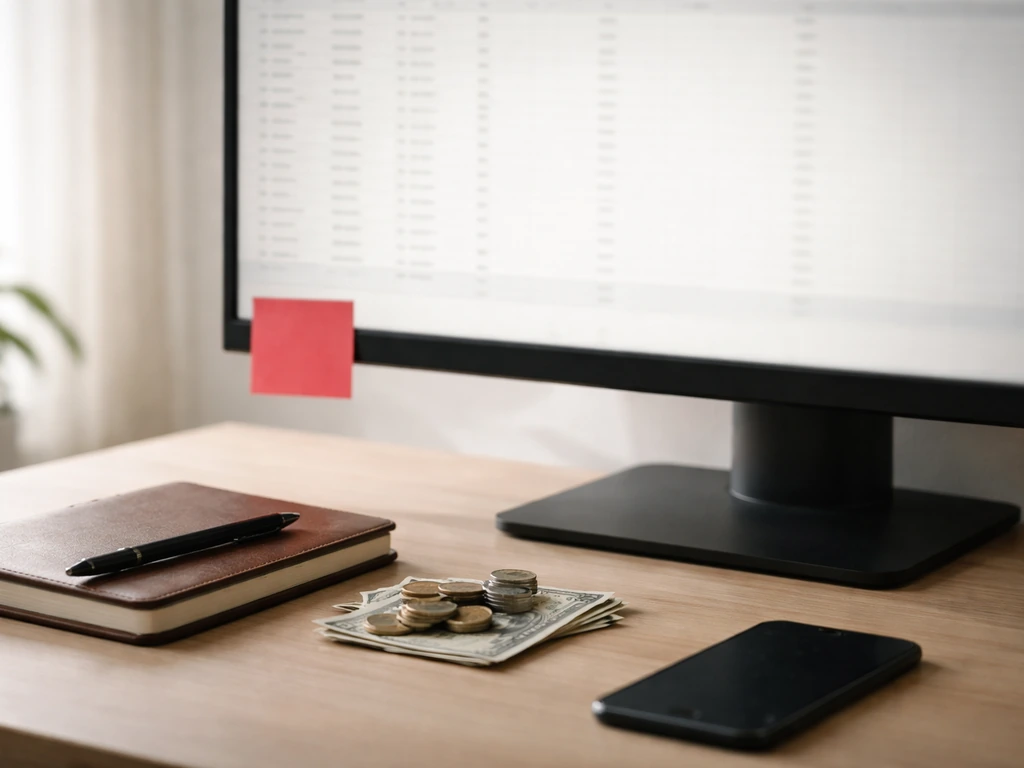 Desk with computer monitor glow and money props, suggesting wealth-figure misconceptions without any text.