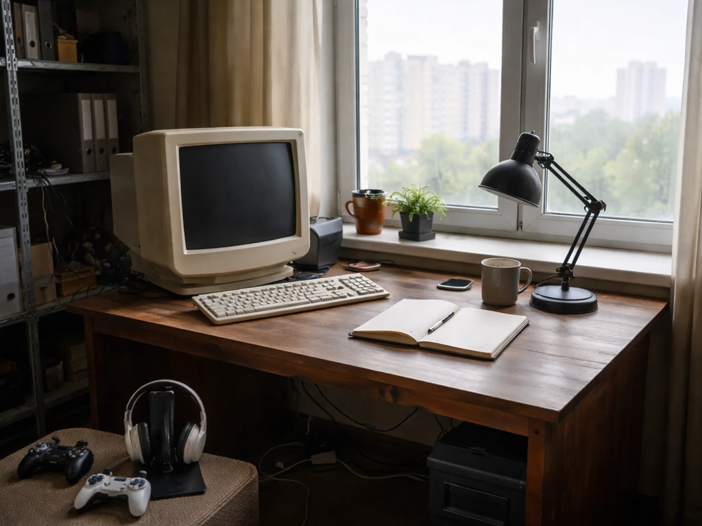 Minimal photo of a vintage Minsk startup workspace with old desk items, hinting at early company growth