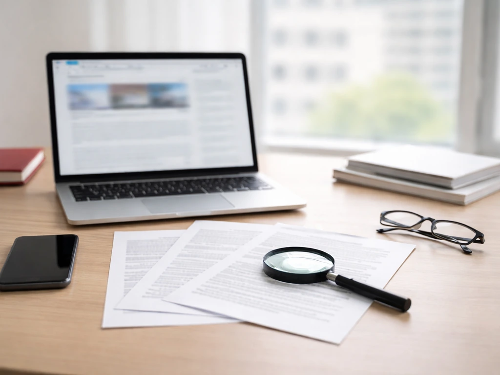 Minimal desk scene with laptop, documents, magnifying glass, and glasses suggesting verification of claims