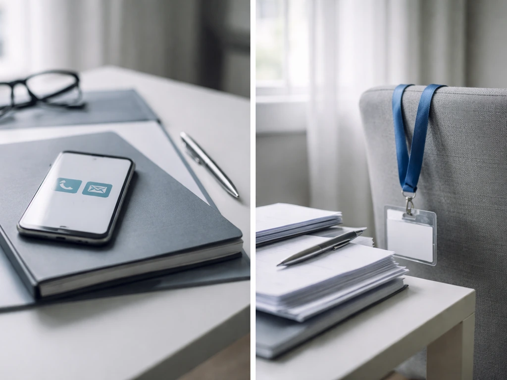 Minimal office scene with two separate piles of documents and a phone suggesting ambiguous search results by common name