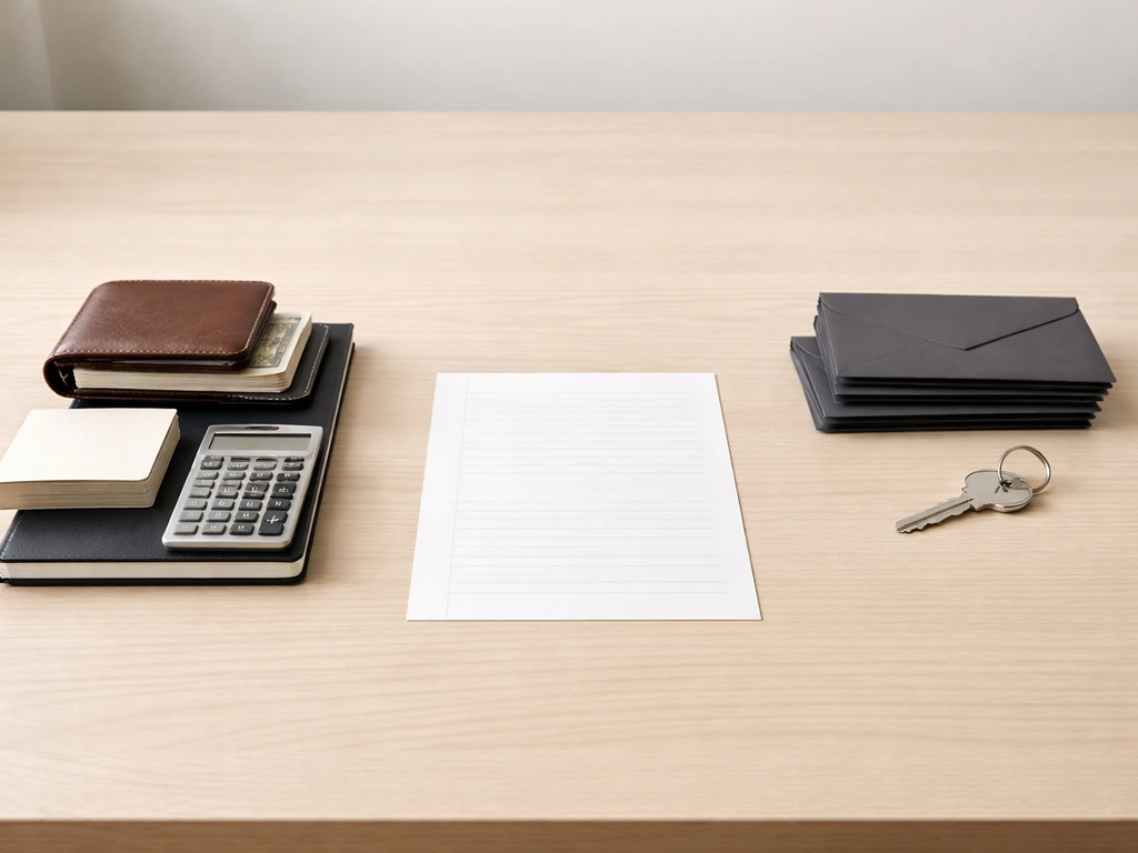 Minimal desk scene with objects symbolizing assets on one side and debts on the other.