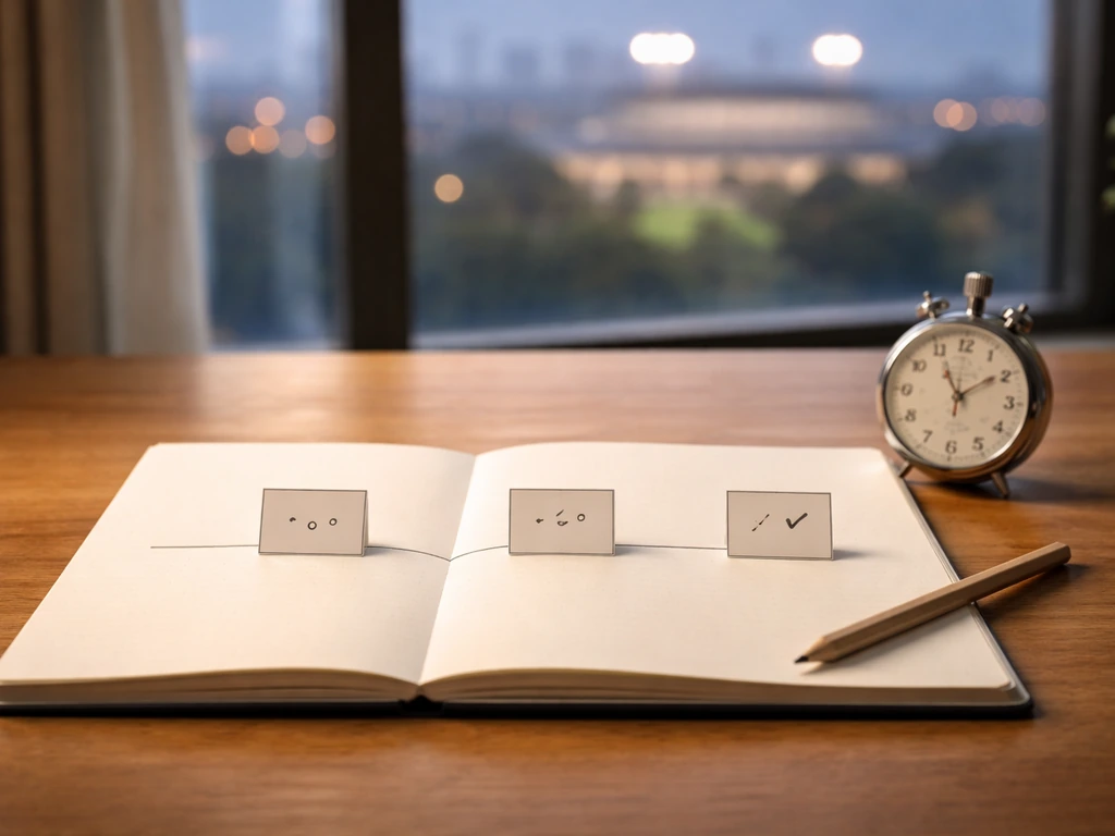Minimal desk scene with an open notebook, milestone cards, and a stopwatch suggesting career progression.