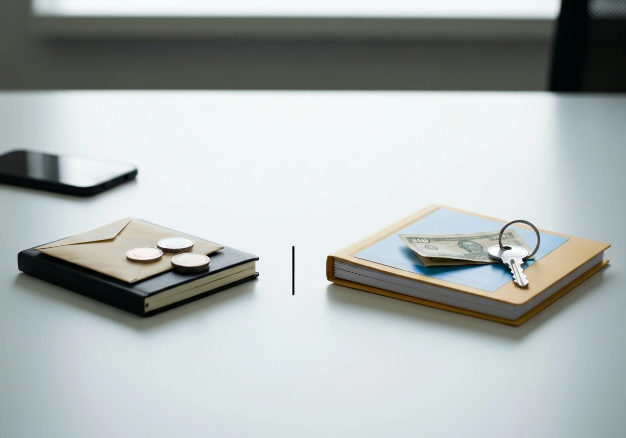 Minimal desk scene with two sides suggesting assets (cash/investments) vs liabilities (bills/folder).