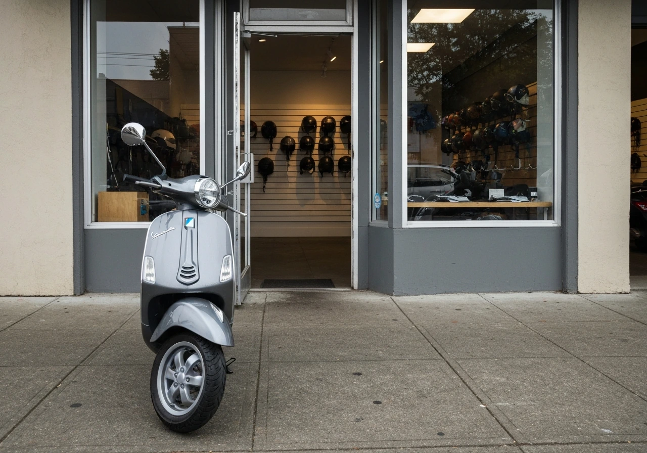 Close view of a Vespa-style scooter parked in front of a small scooter shop storefront