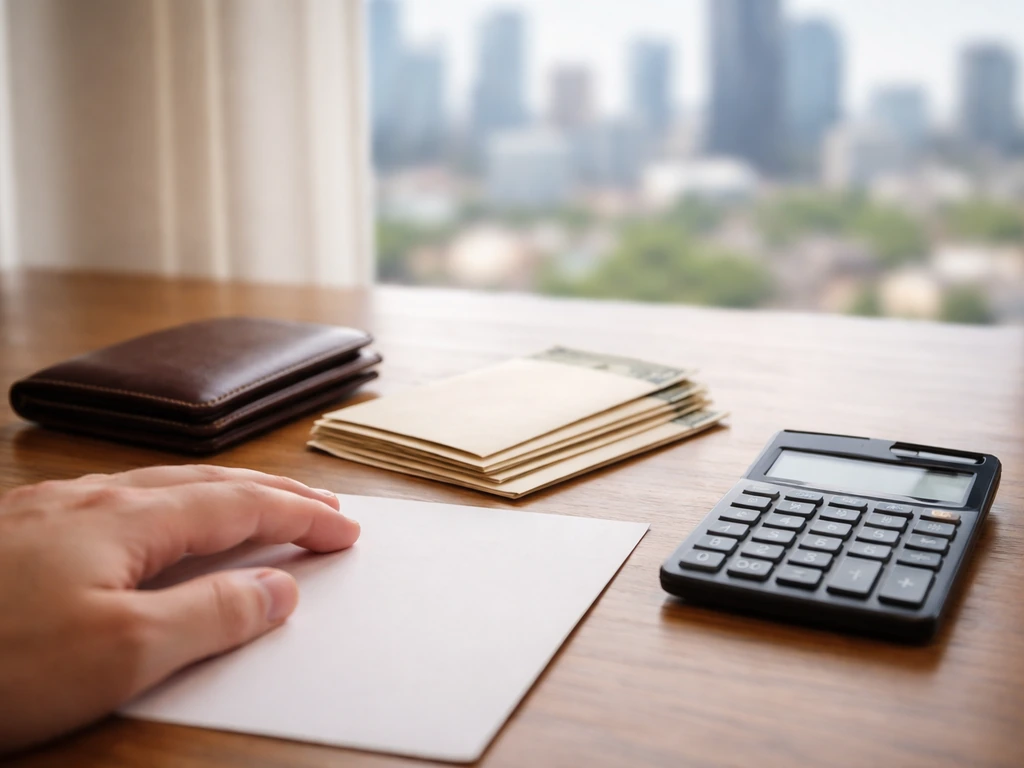 Close-up of a finance desk with wallet, calculator, and blank paper near a window skyline.