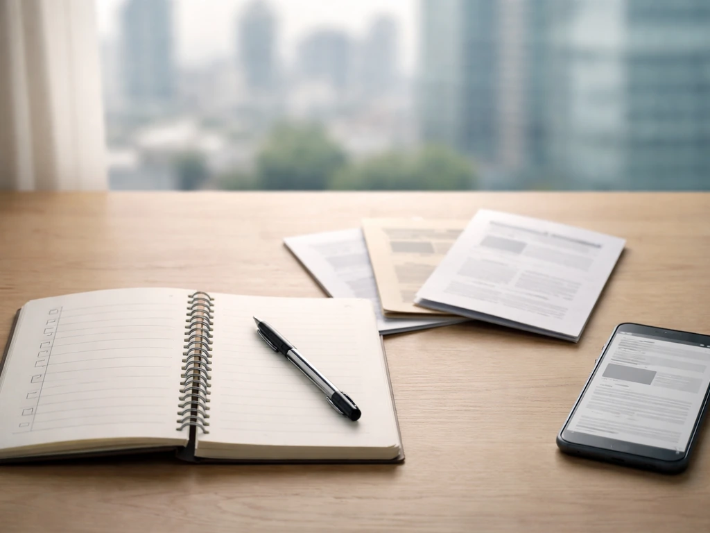 Desk with notebook and pen, research documents and phone, symbolizing a verification checklist.