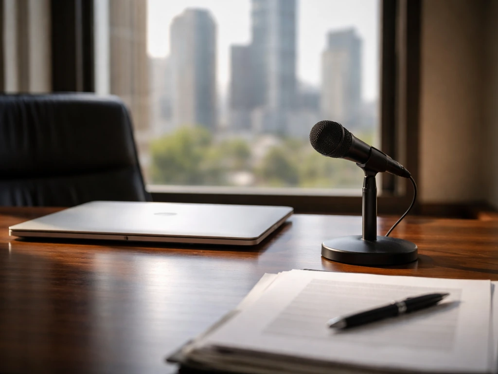 Money and media-themed office scene with a laptop and microphone, signaling a finance-focused biography context.