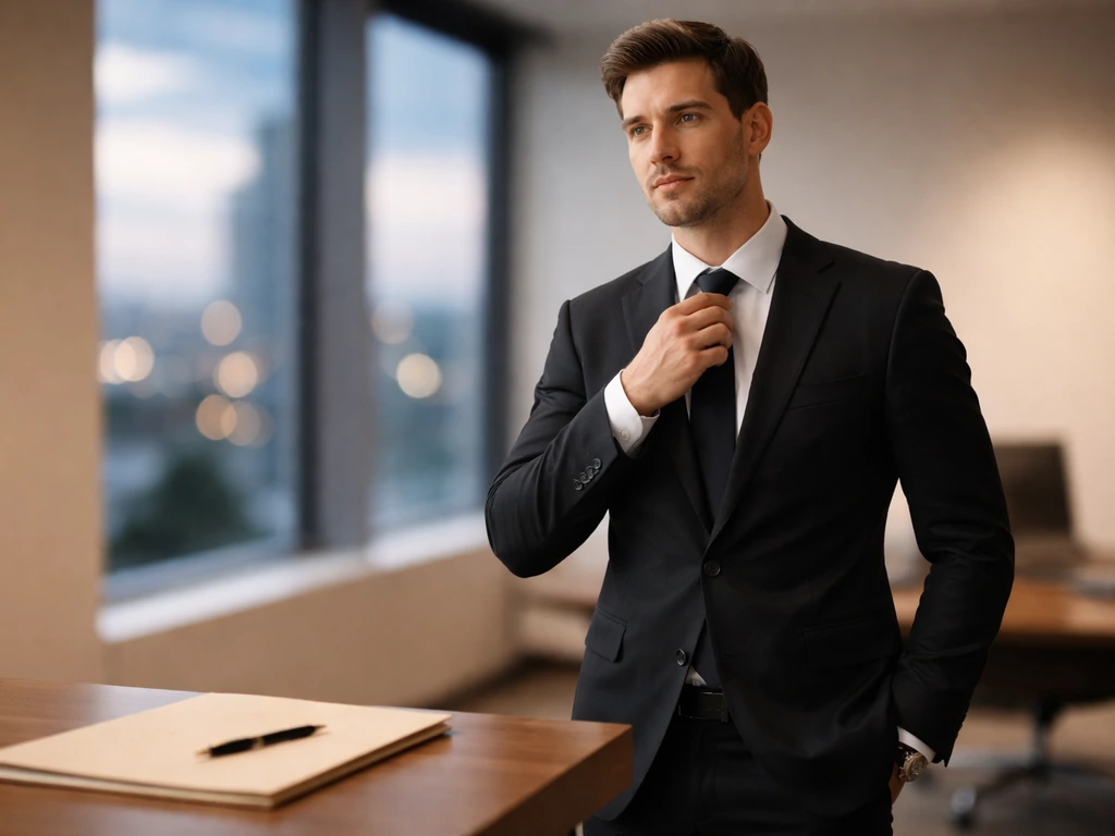Attorney in a sleek office adjusting his tie beside a softly lit window at dusk