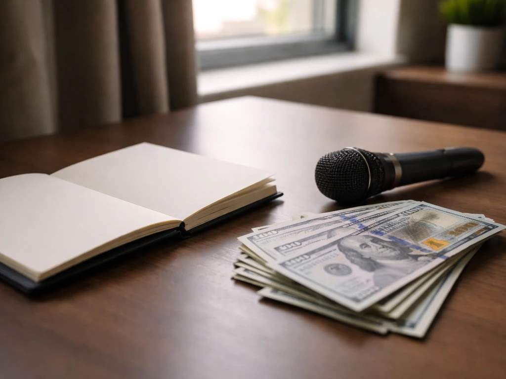 Minimal office desk with cash and a notebook, symbolizing an evidence-based net worth estimate range.