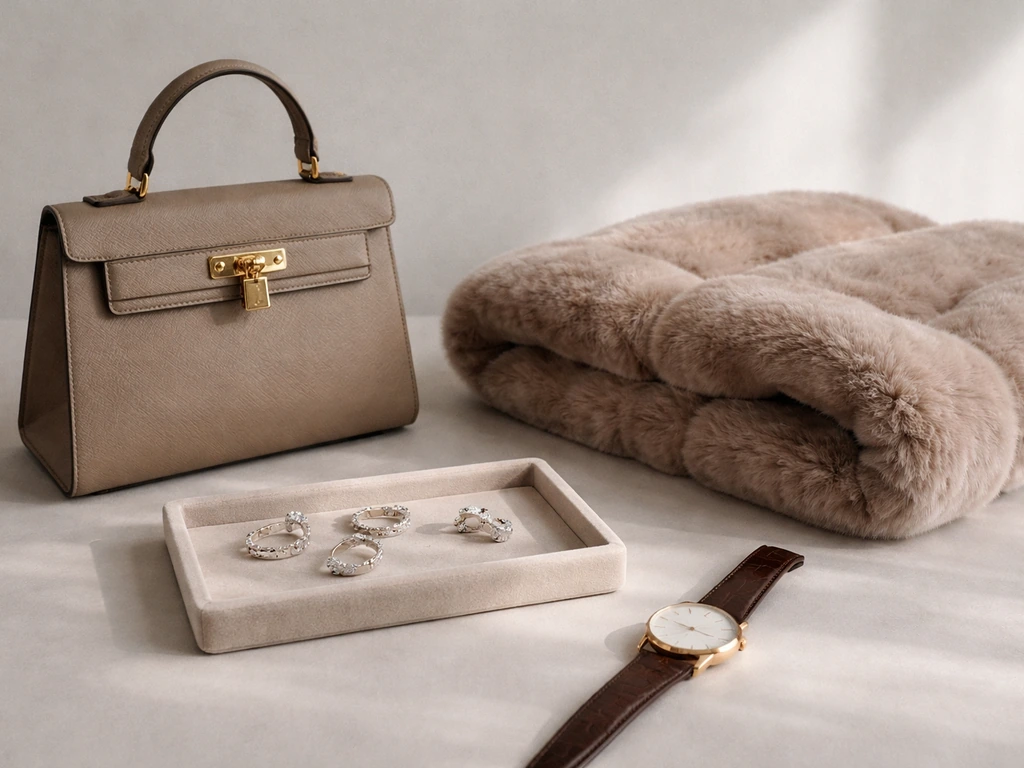 Assortment of luxury fashion accessories—handbag, fur coat, jewelry, and a watch—laid out on a neutral surface.