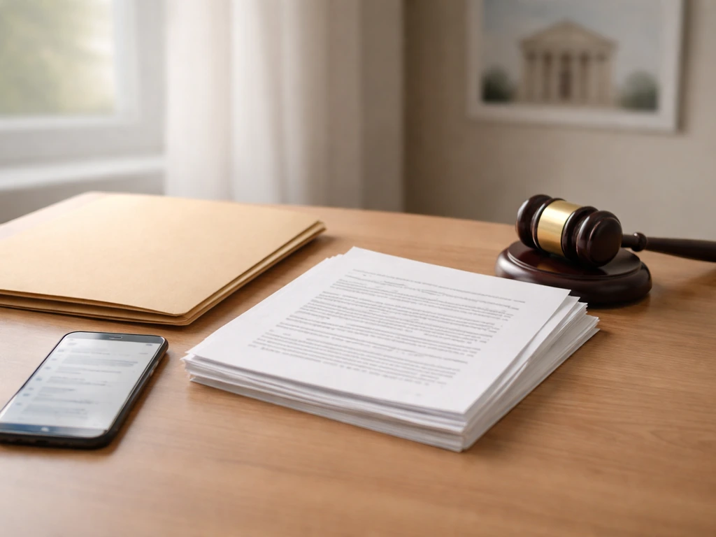 Office desk scene with documents, a gavel, and a phone suggesting public-record verification.