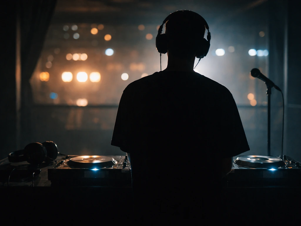 Anonymous DJ at a minimal booth with turntables and headphones in a quiet club setting