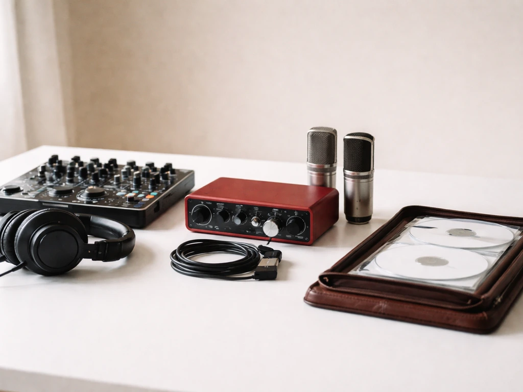 Minimal studio table scene with DJ mixer, microphones, and a leather portfolio suggesting music income sources